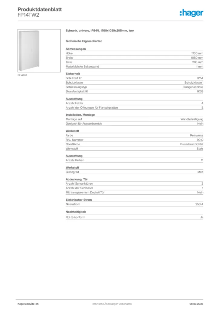 Bild Hager Produktdatenblatt FP14TW2 | Hager Schweiz