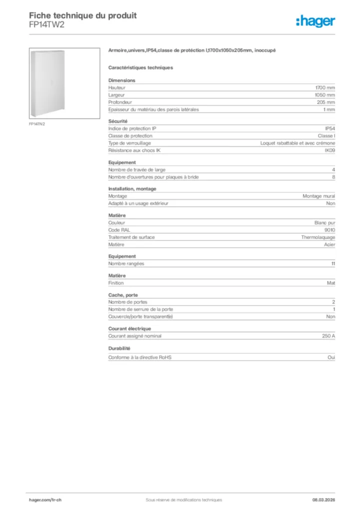 Image Hager Fiche technique du produit FP14TW2 | Hager Suisse