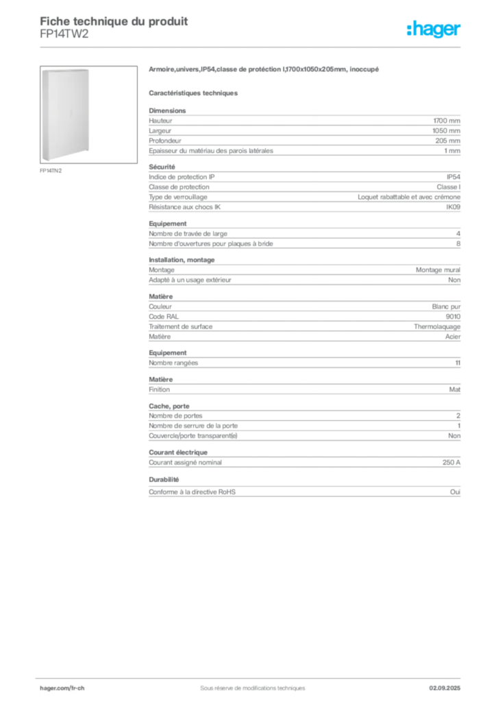 Image Hager Fiche technique du produit FP14TW2 | Hager Suisse