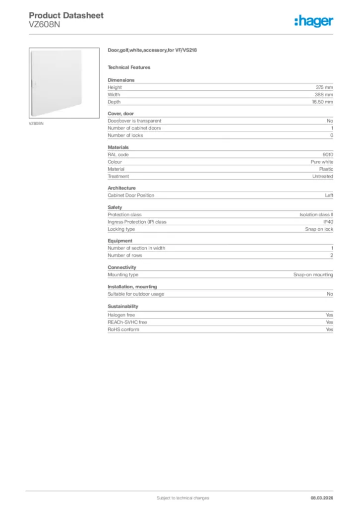 Image Hager Product data sheet VZ608N  | Hager Africa