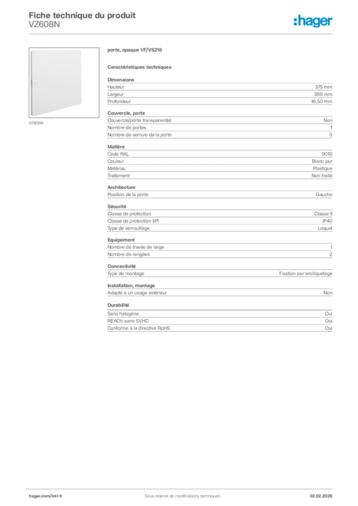 Image Hager Fiche technique du produit VZ608N | Hager Afrique