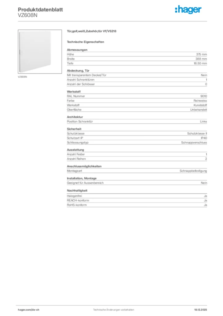 Bild Hager Produktdatenblatt VZ608N | Hager Schweiz