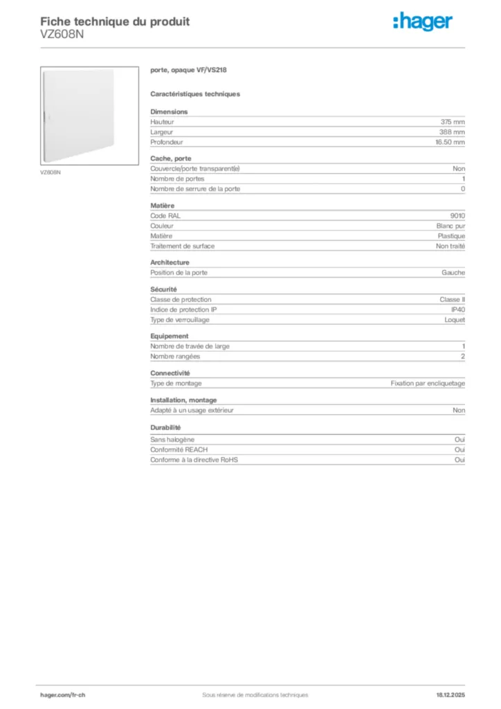 Image Hager Fiche technique du produit VZ608N | Hager Suisse