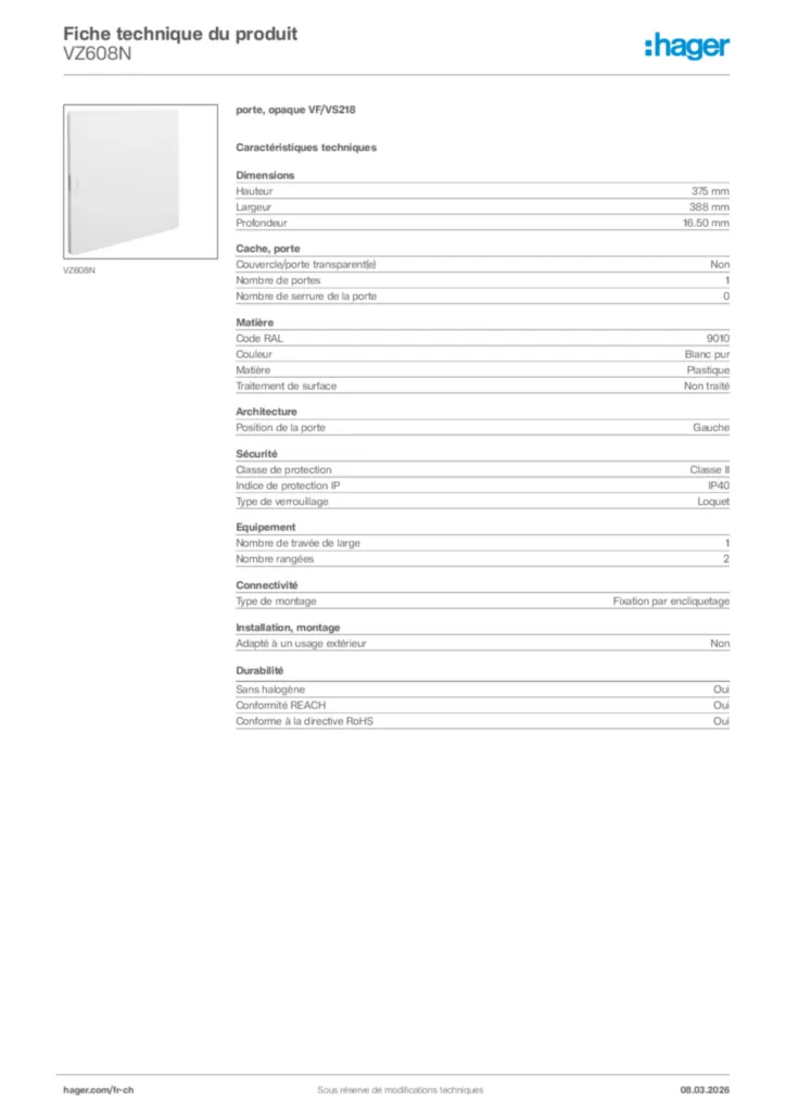 Image Hager Fiche technique du produit VZ608N | Hager Suisse