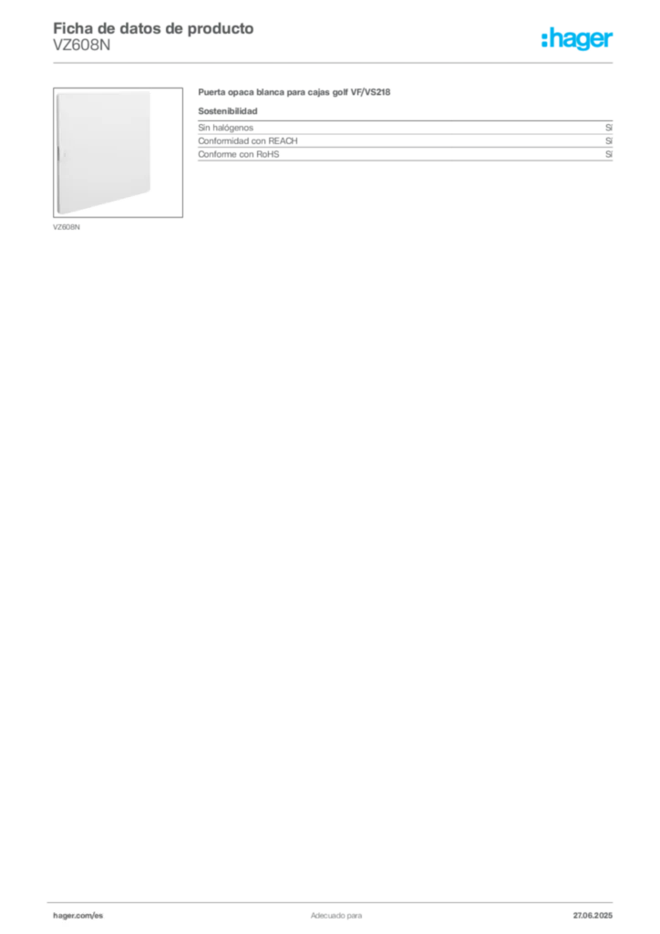 Imagen Hager Ficha de datos de producto VZ608N | Hager España