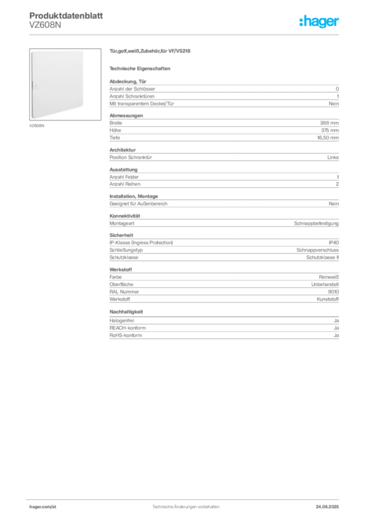Bild Hager Produktdatenblatt VZ608N | Hager Deutschland