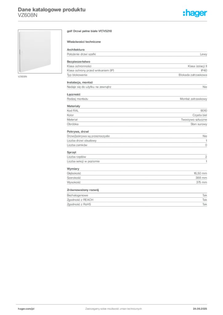 Zdjęcie Hager Karta katalogowa VZ608N | Hager Polska