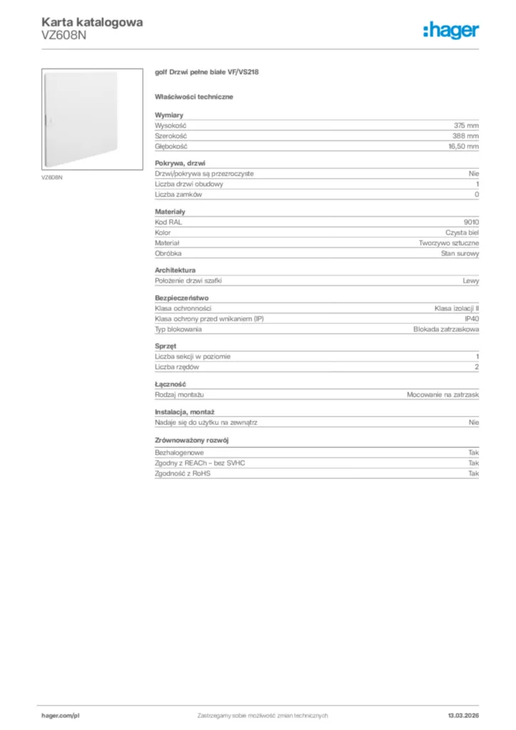 Zdjęcie Hager Karta katalogowa VZ608N | Hager Polska