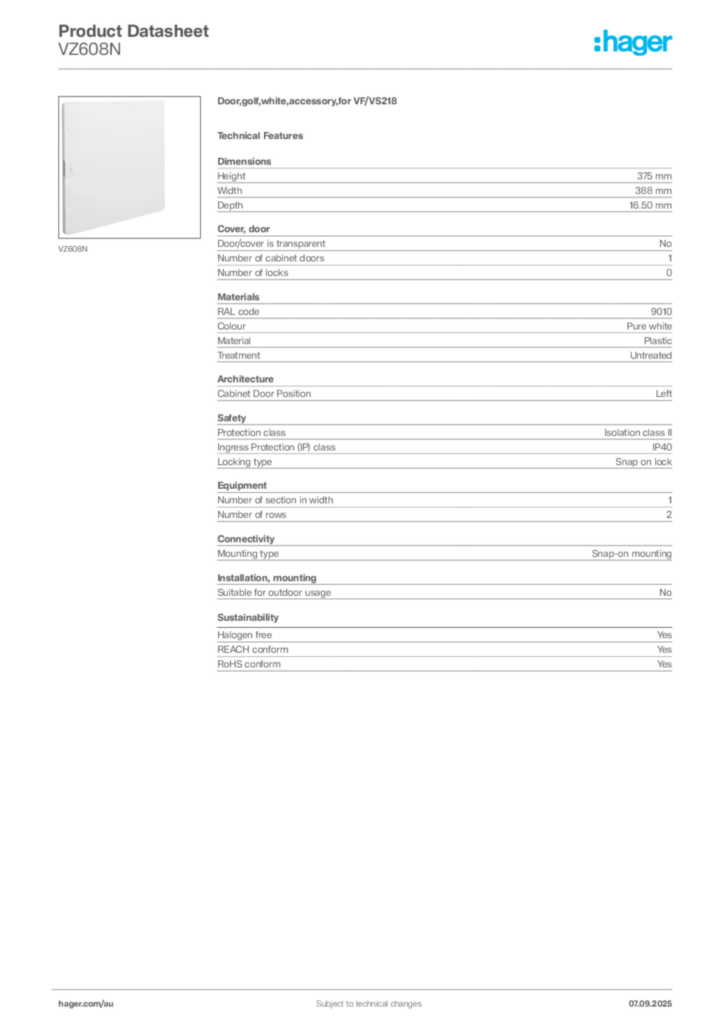 Image Hager Product data sheet VZ608N  | Hager Australia