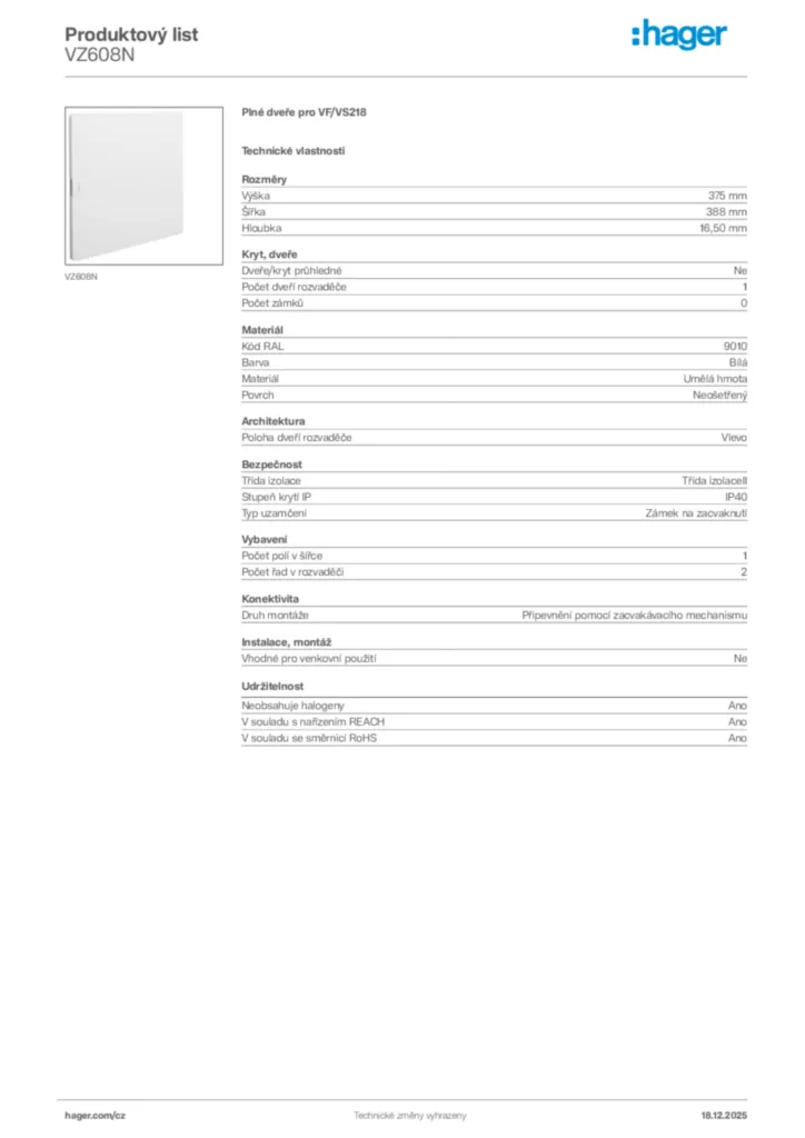 Obrázek Hager Produktový list VZ608N | Hager
