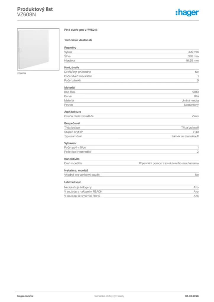 Obrázek Hager Product data sheet VZ608N | Hager