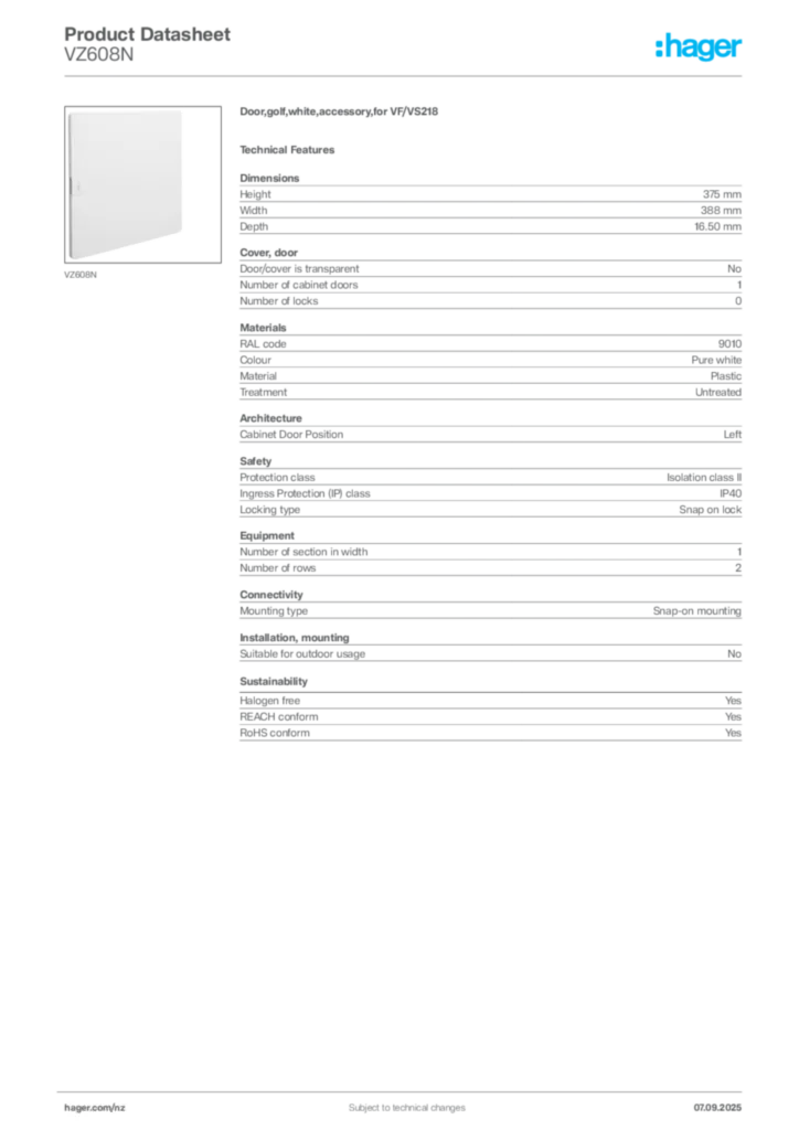 Image Hager Product data sheet VZ608N  | Hager New Zealand