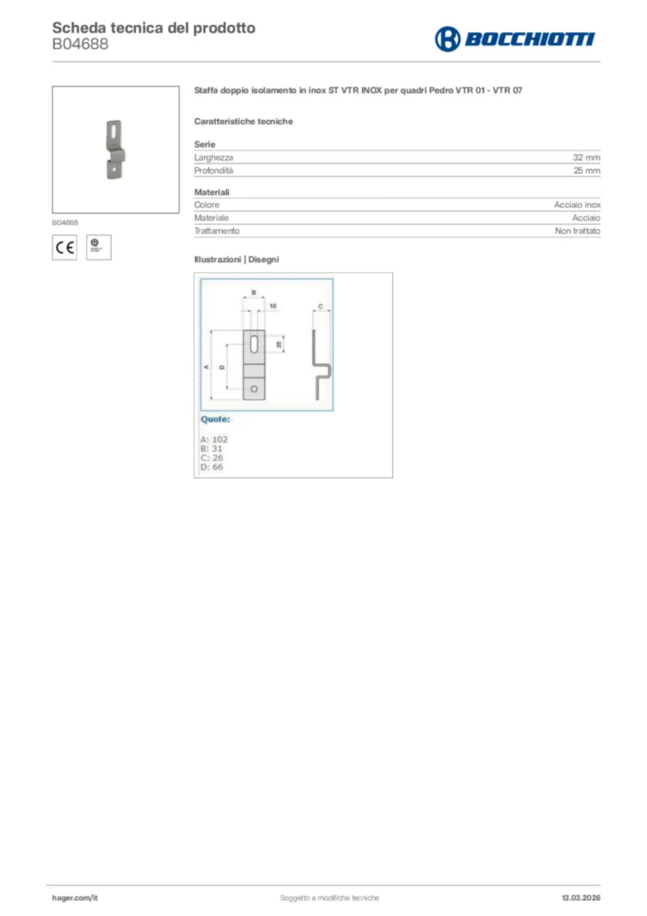Immagine Bocchiotti Scheda tecnica del prodotto B04688 | Hager Italia