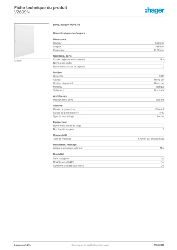 Image Hager Fiche technique du produit VZ609N | Hager Afrique