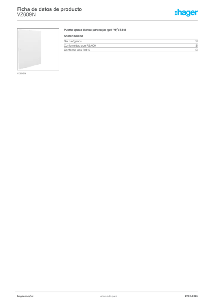 Imagen Hager Ficha de datos de producto VZ609N | Hager España