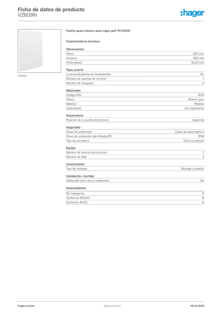 Imagen Hager Ficha de datos de producto VZ609N | Hager España