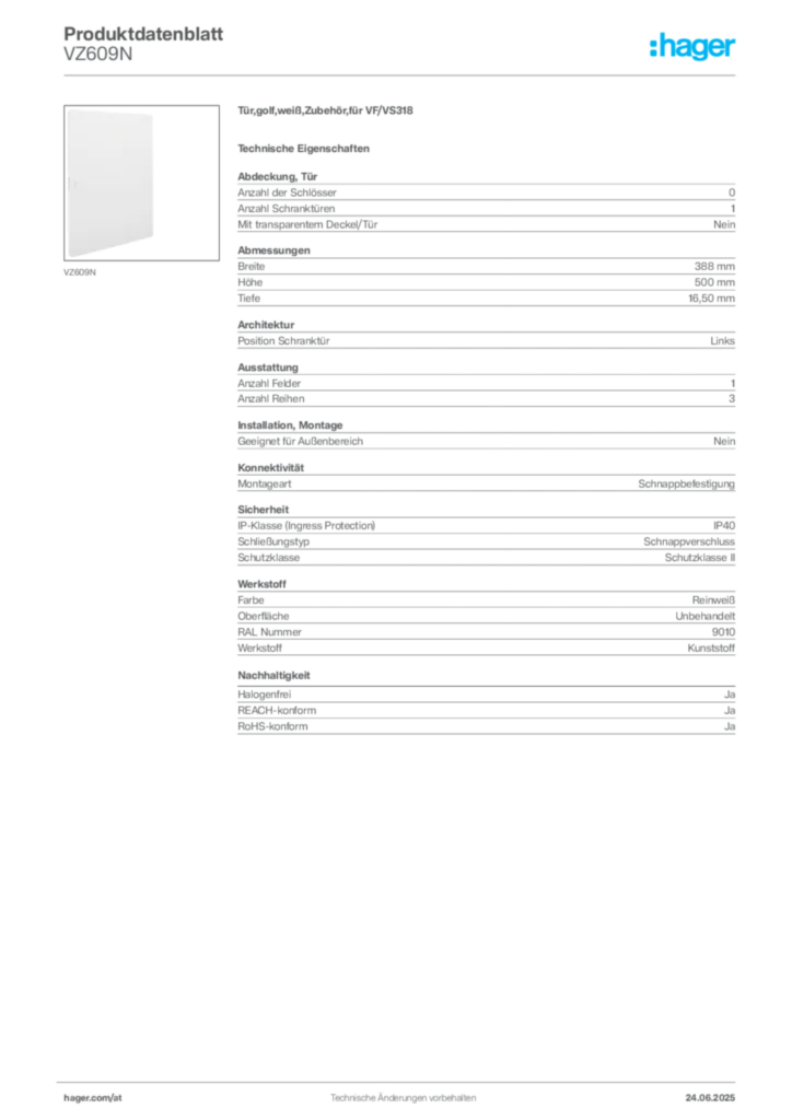 Bild Hager Produktdatenblatt VZ609N | Hager Deutschland