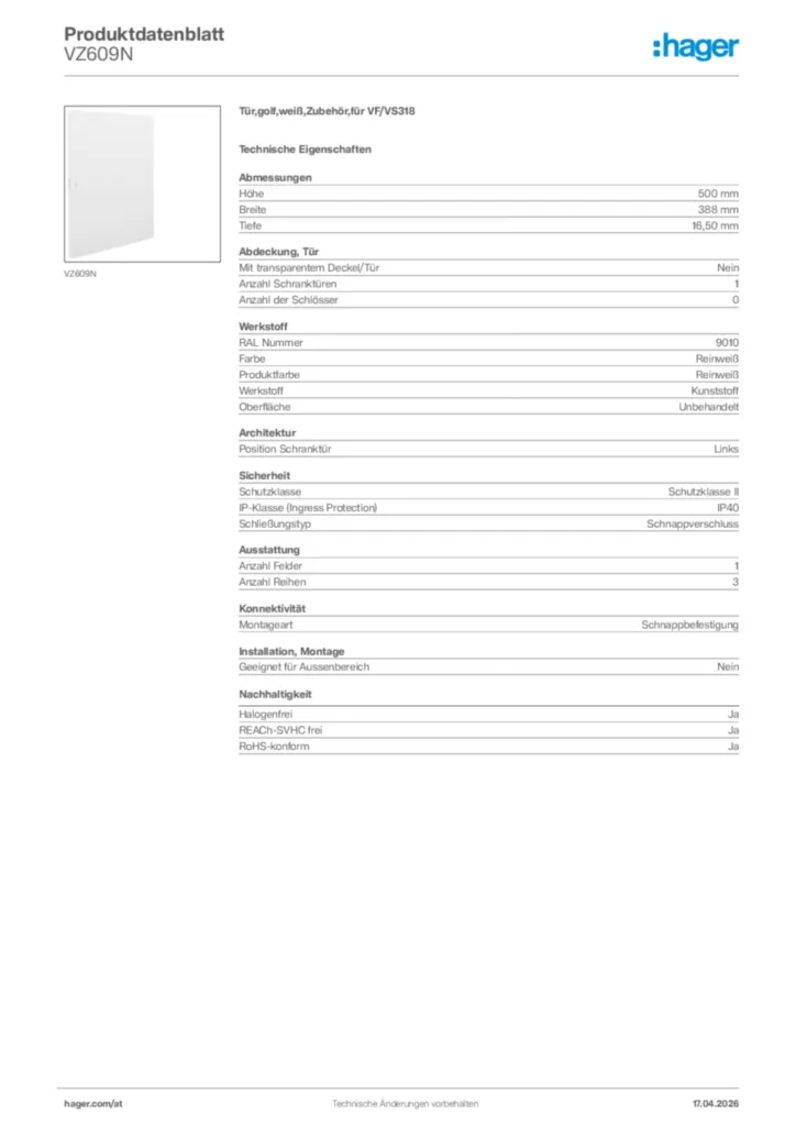 Bild Hager Produktdatenblatt VZ609N | Hager Deutschland
