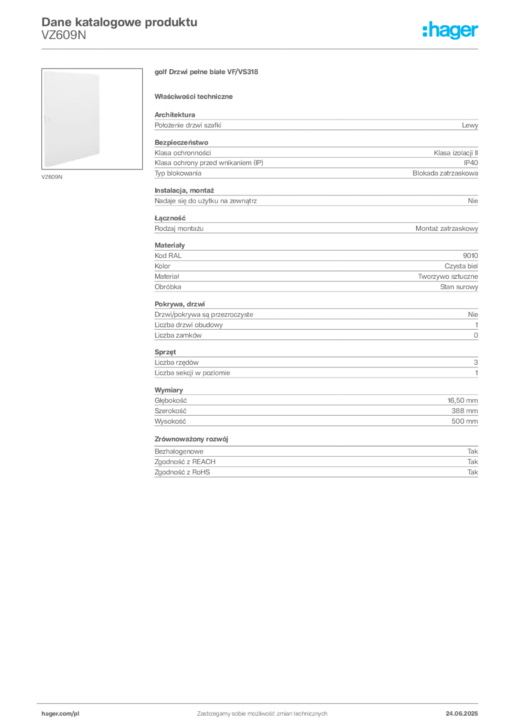 Zdjęcie Hager Karta katalogowa VZ609N | Hager Polska
