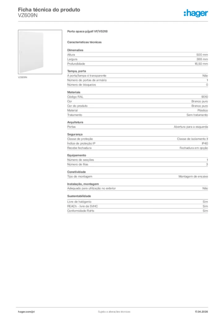 Imagem Hager Ficha técnica do produto VZ609N | Hager Portugal