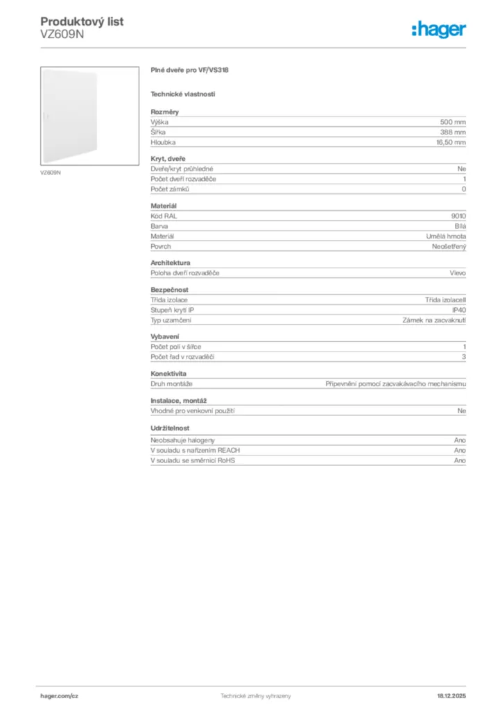 Obrázek Hager Produktový list VZ609N | Hager