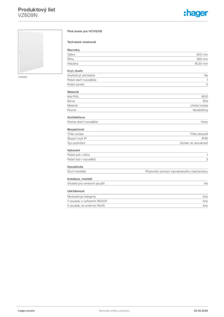 Obrázek Hager Product data sheet VZ609N | Hager