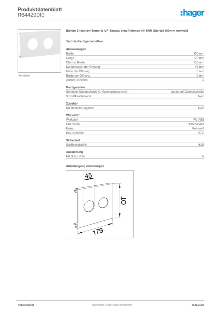 Bild Hager Produktdatenblatt R64429010 | Hager Deutschland