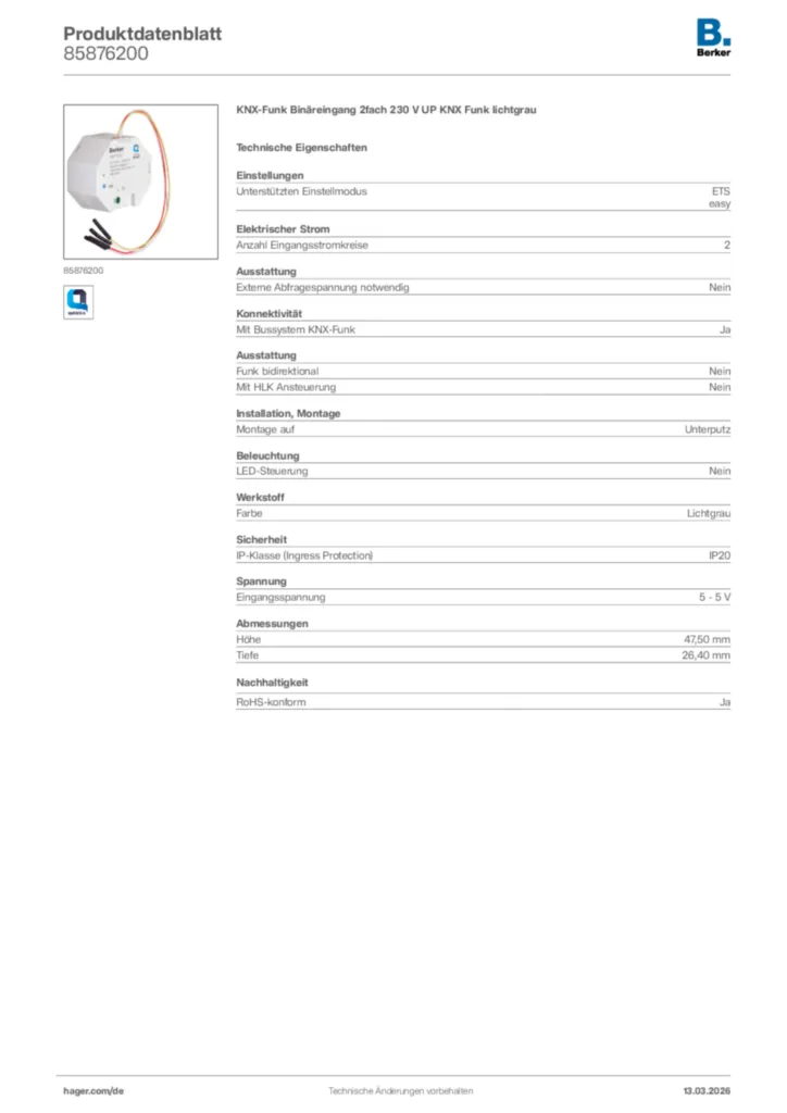 Bild Berker Produktdatenblatt 85876200 | Hager Deutschland