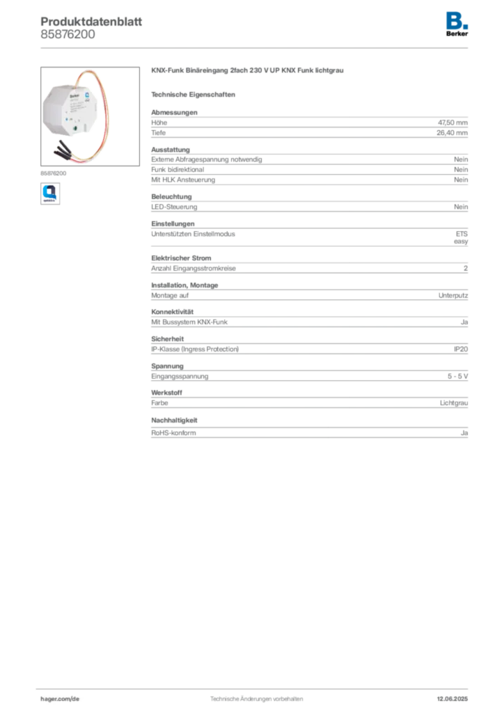 Bild Berker Produktdatenblatt 85876200 | Hager Deutschland