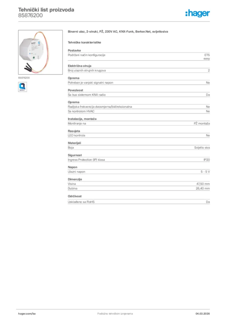 Slika Hager Tehnički list proizvoda 85876200  | Hager