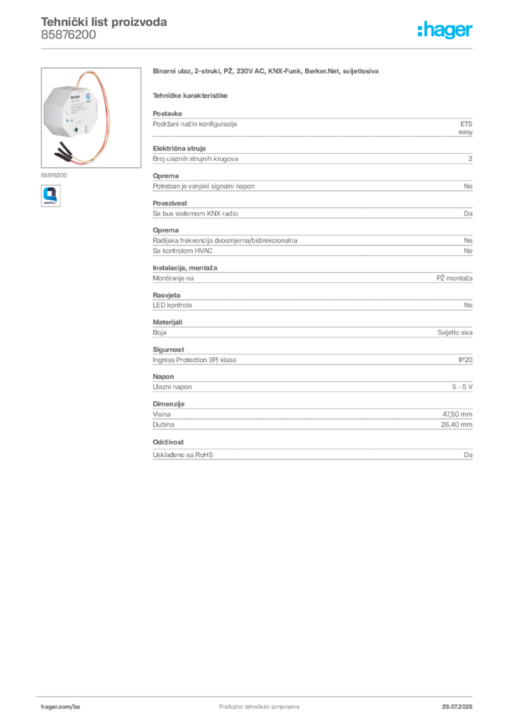 Slika Hager Product data sheet 85876200  | Hager