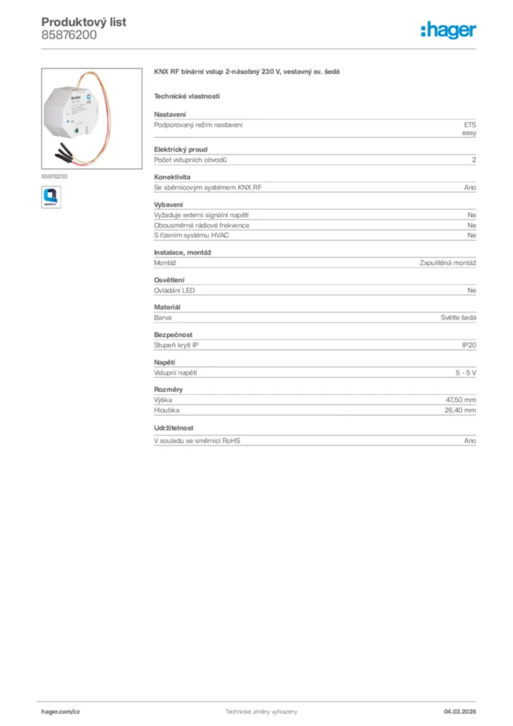 Obrázek Hager Product data sheet 85876200 | Hager