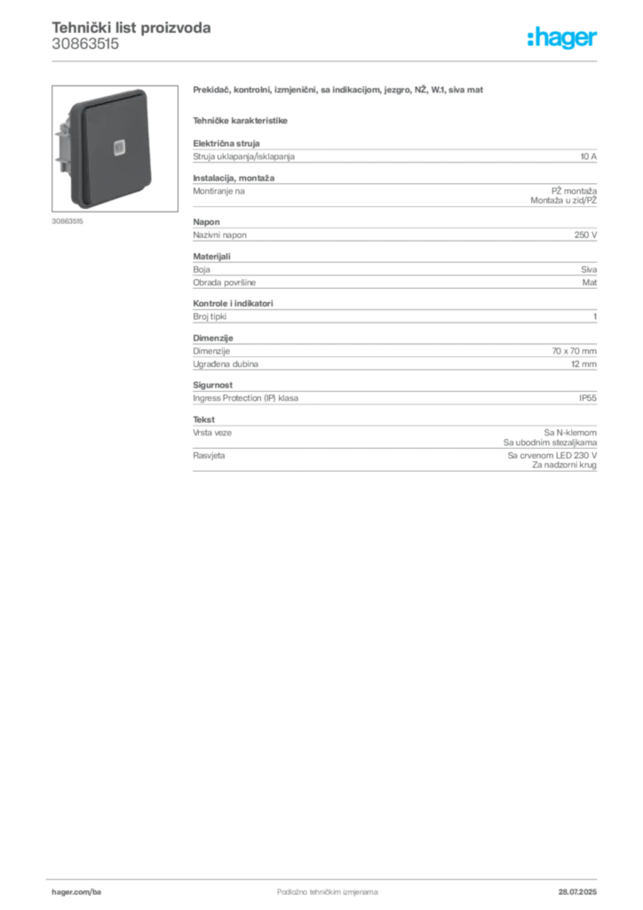 Slika Hager Product data sheet 30863515  | Hager
