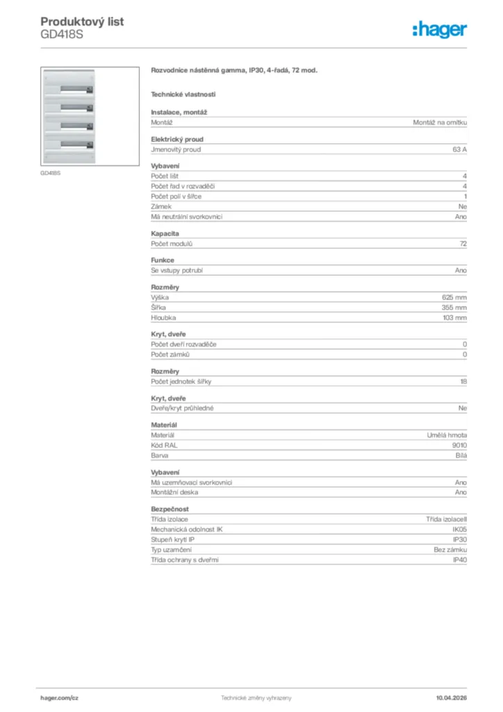 Obrázek Hager Product data sheet GD418S | Hager