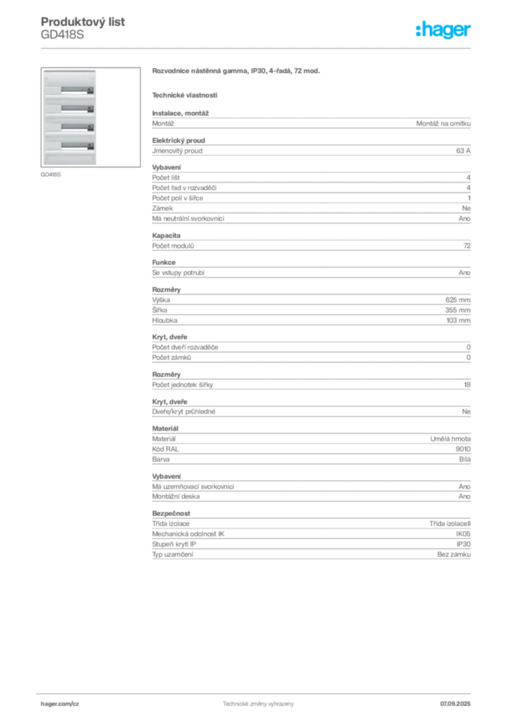 Obrázek Hager Produktový list GD418S | Hager