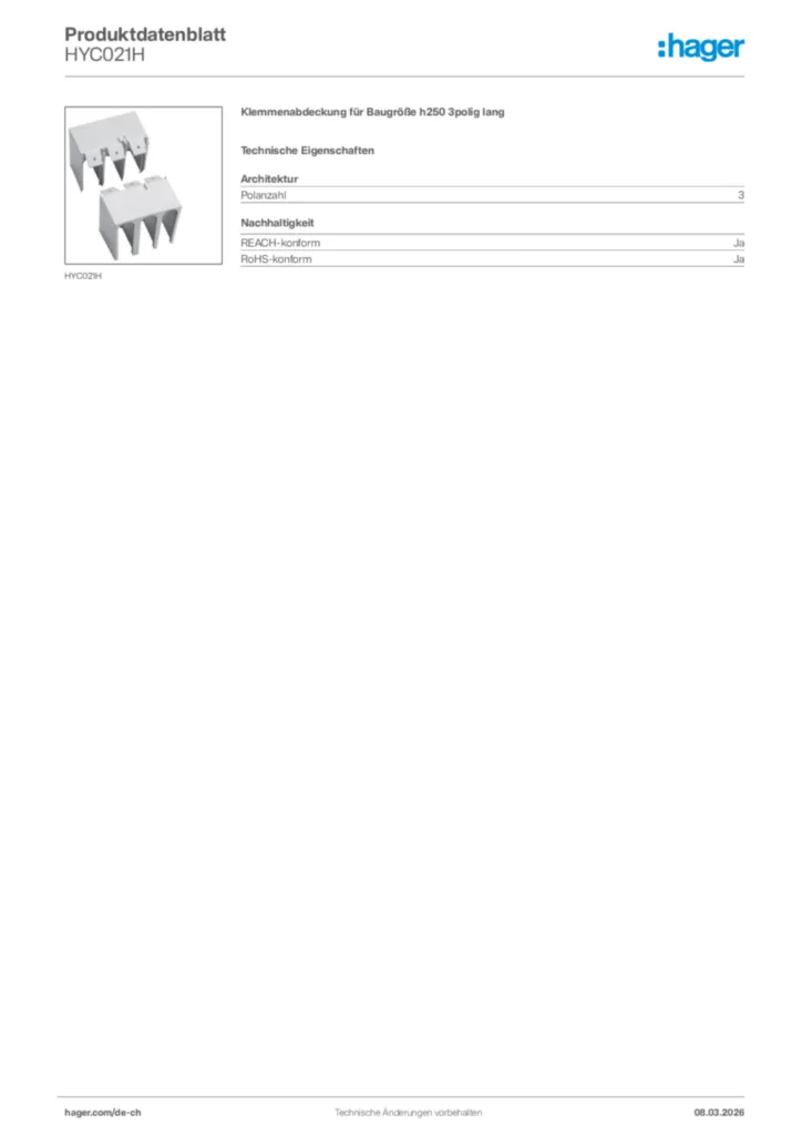 Bild Hager Produktdatenblatt HYC021H | Hager Schweiz