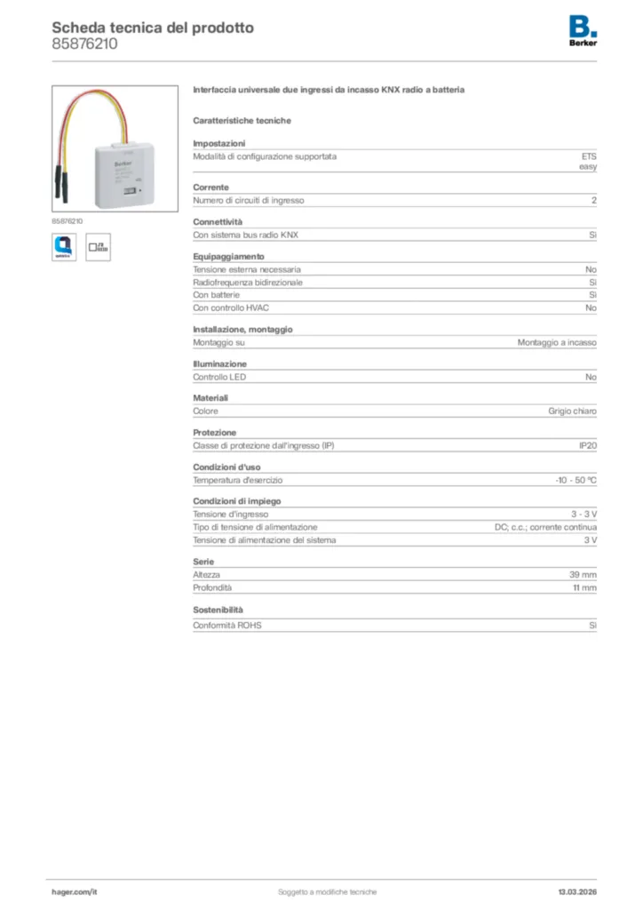 Immagine Berker Scheda tecnica del prodotto 85876210 | Hager Italia