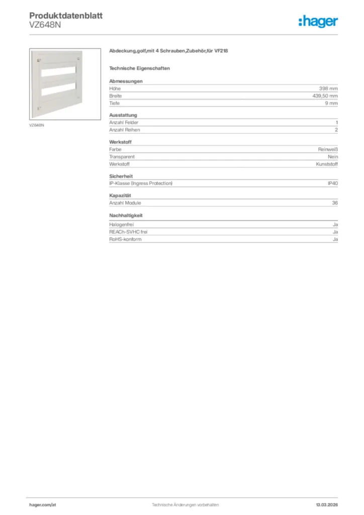 Bild Hager Produktdatenblatt VZ648N | Hager Deutschland