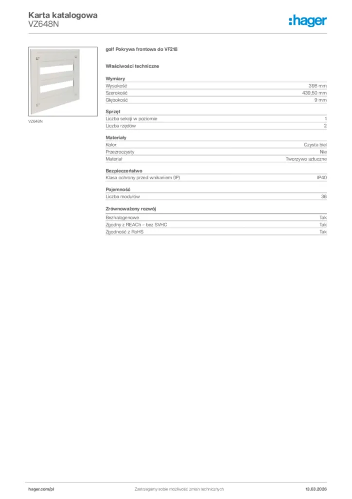 Zdjęcie Hager Karta katalogowa VZ648N | Hager Polska