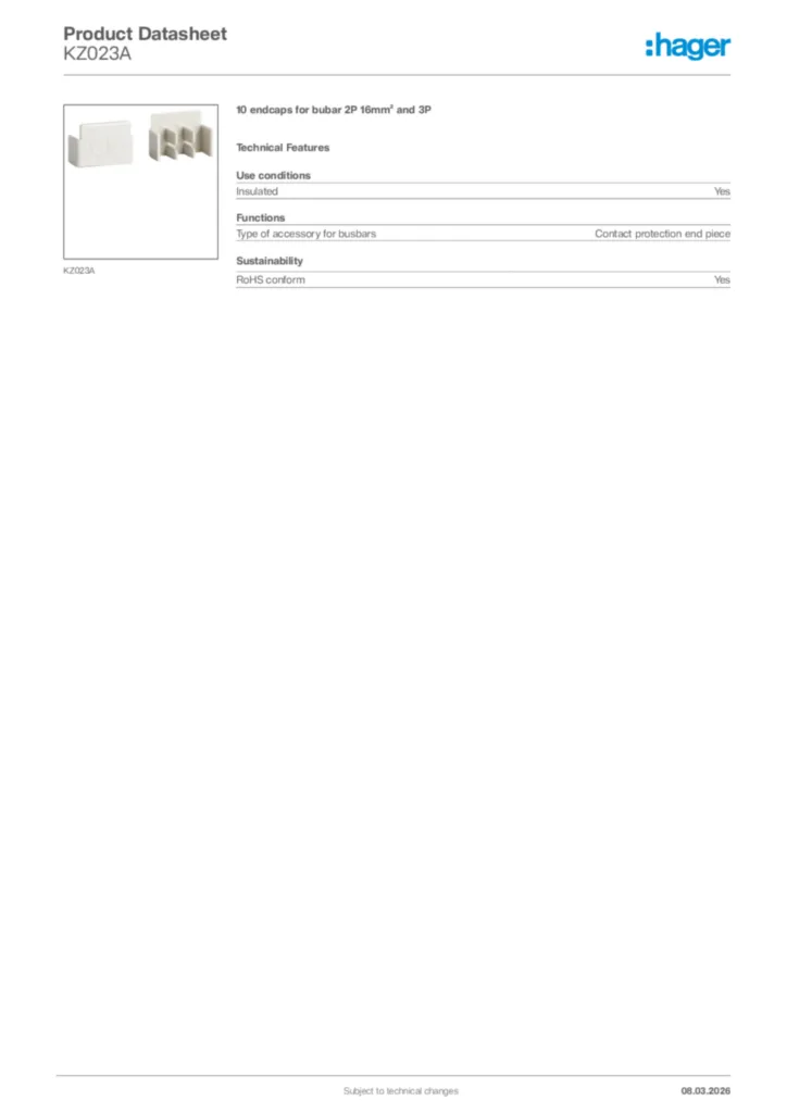 Image Hager Product data sheet KZ023A  | Hager Africa