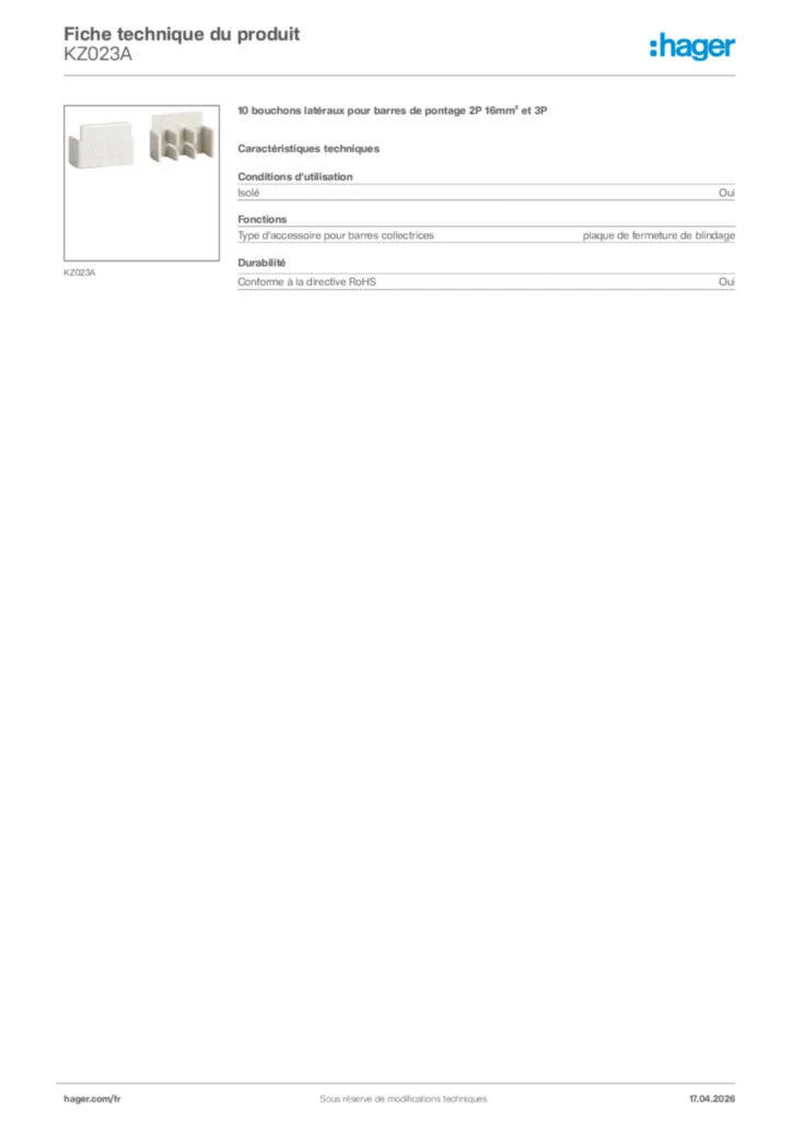 Image Hager Fiche technique du produit KZ023A | Hager France