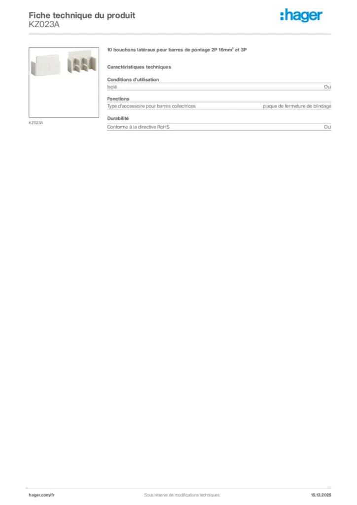 Image Hager Fiche technique du produit KZ023A | Hager France