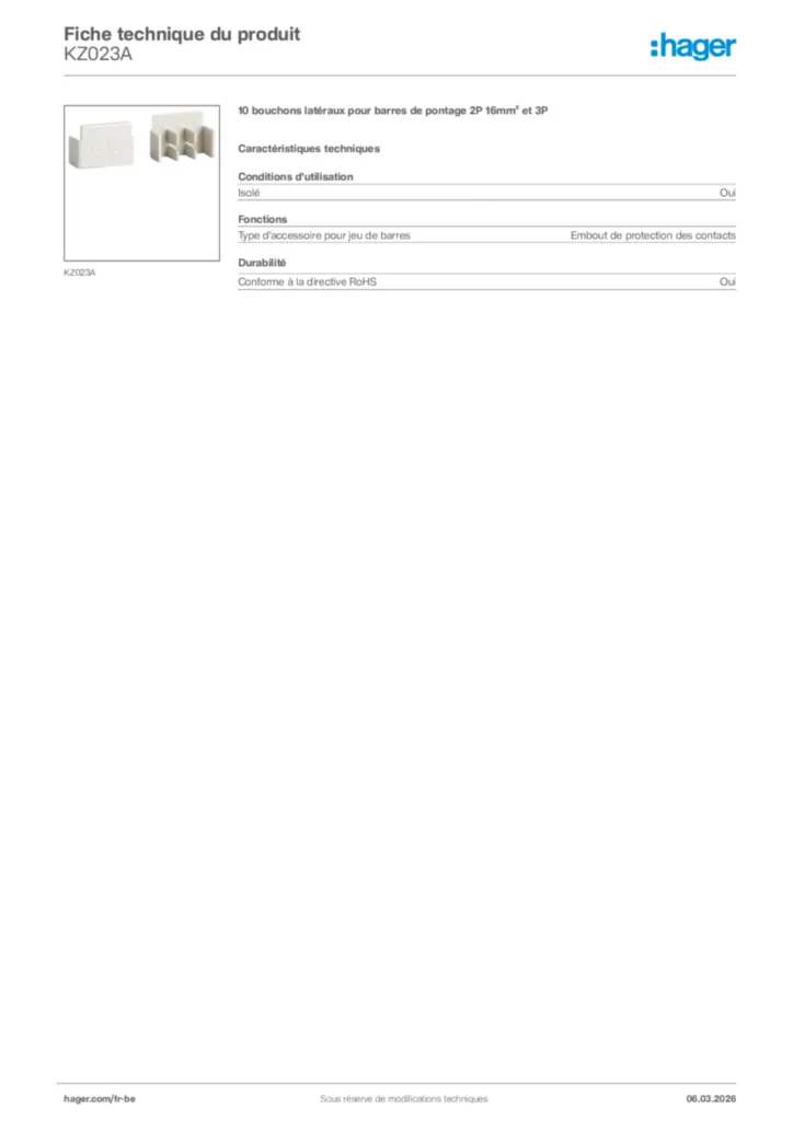 Image Hager Fiche technique du produit KZ023A | Hager Belgique