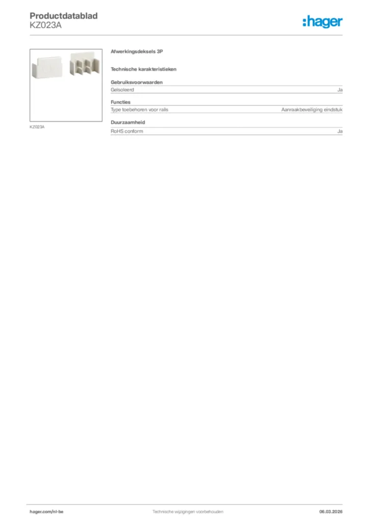 Afbeelding Hager Productdatablad KZ023A | Hager Belgium