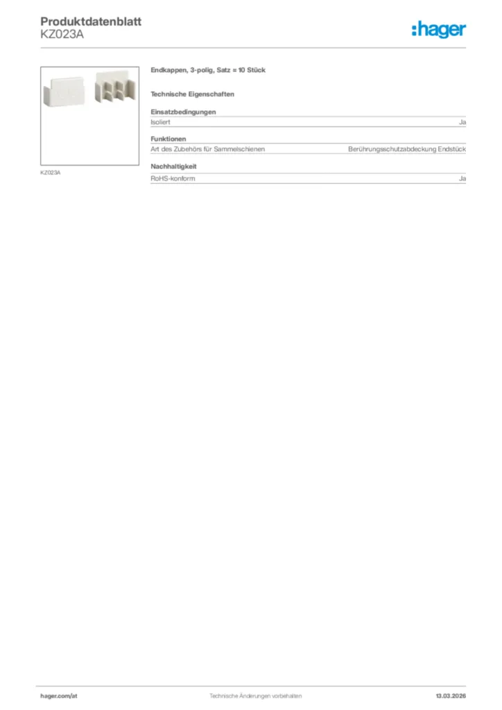 Bild Hager Produktdatenblatt KZ023A | Hager Deutschland