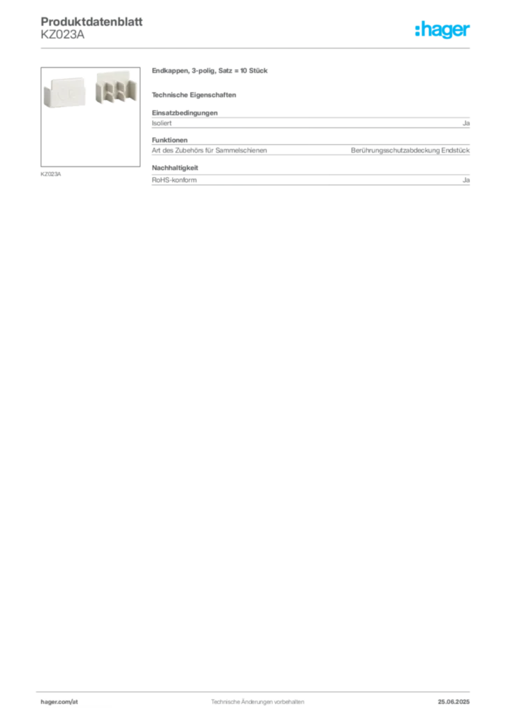 Bild Hager Produktdatenblatt KZ023A | Hager Deutschland