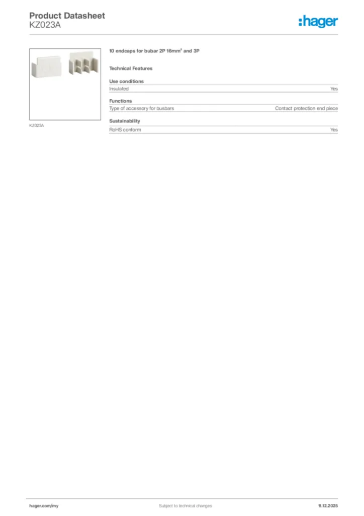 Image Hager Product data sheet KZ023A  | Hager