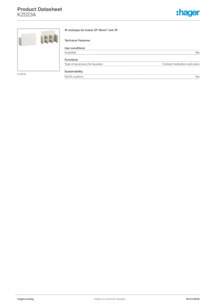 Image Hager Product data sheet KZ023A  | Hager