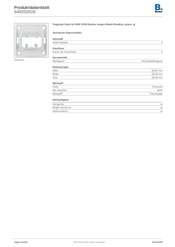 Bild Berker Produktdatenblatt 945592509 | Hager Deutschland