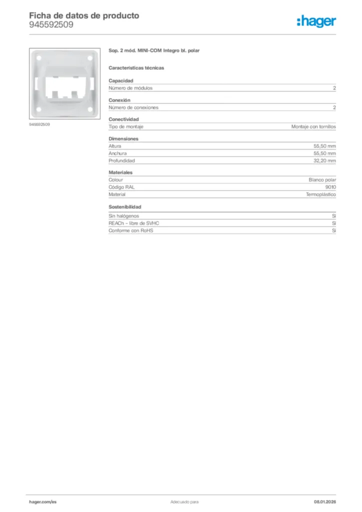 Imagen Hager Ficha de datos de producto 945592509 | Hager España